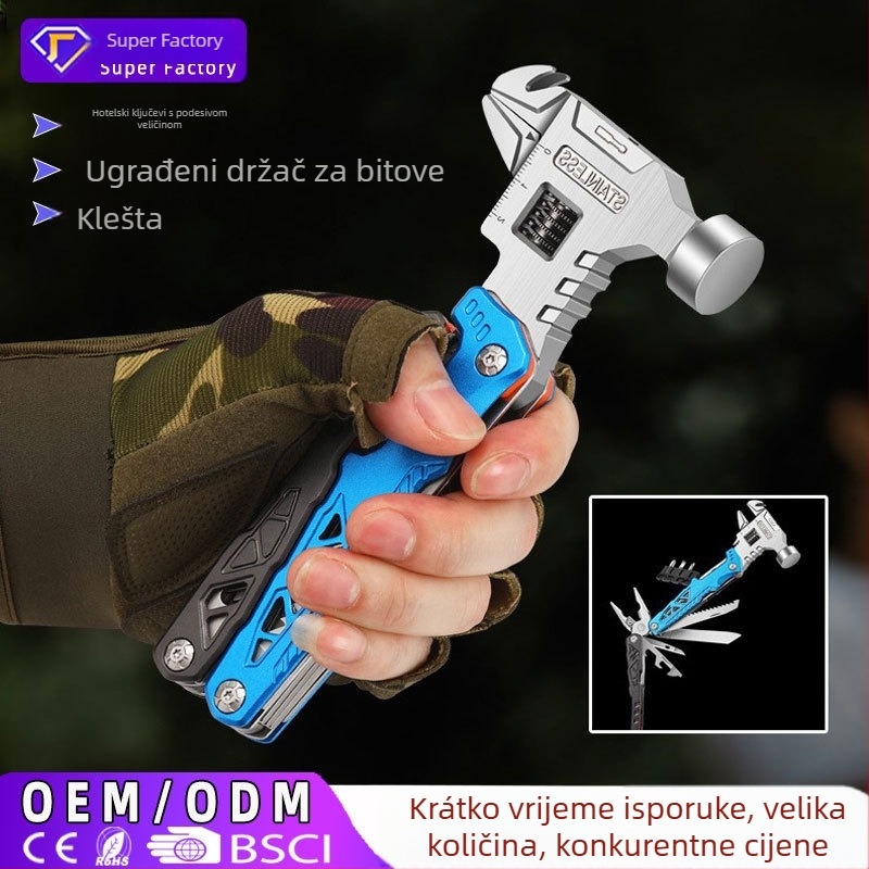 Čekić s kružnom glavom – višenamjenski kamping alat s integriranim ključem i kliještima, sklopivi, glava od visokougljičnog čelika, duljina 170 mm, težina 0,425 kg