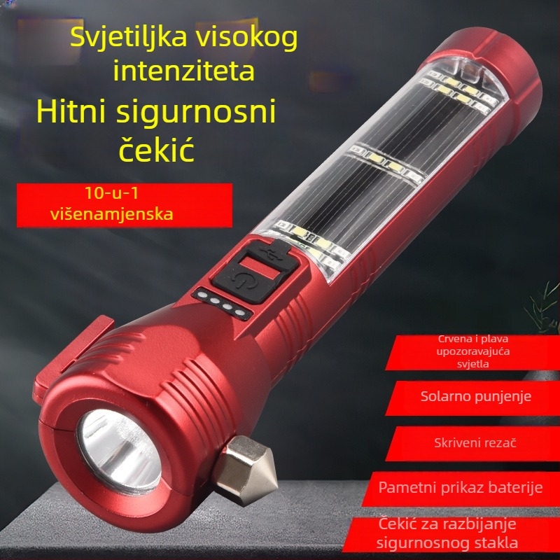 LED fenjer sa sigurnosnim čekićem i kompasom, za montažu u automobil, USB/solarna punjač, 3W, 100–240 lm