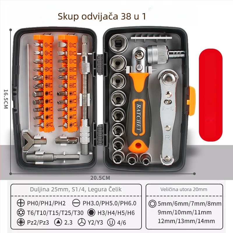 38-u-1 set odvijača s klikom, 180° funkcija, krom-vanadijevo čelika, 38 alata, za popravak motocikala i strojeva (krom-vanadijevo čelika • 38 alata • 180° funkcija • za popravak motocikala i strojeva)