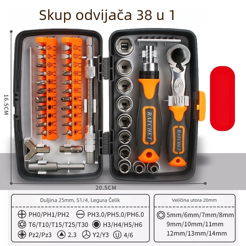 38-u-1 set odvijača s klikom, 180° funkcija, krom-vanadijevo čelika, 38 alata, za popravak motocikala i strojeva (krom-vanadijevo čelika • 38 alata • 180° funkcija • za popravak motocikala i strojeva)