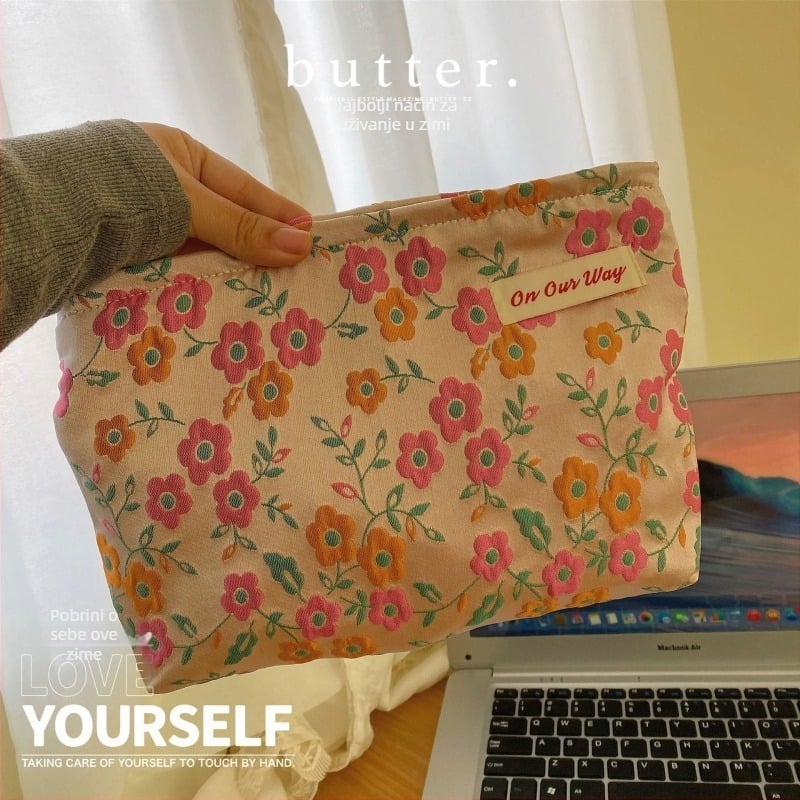Kozmetička torbica s cvjetnim uzorkom, vintage stil, dvostruka jacquard unutarnja podstava, velika kapaciteta, vanjski poliester