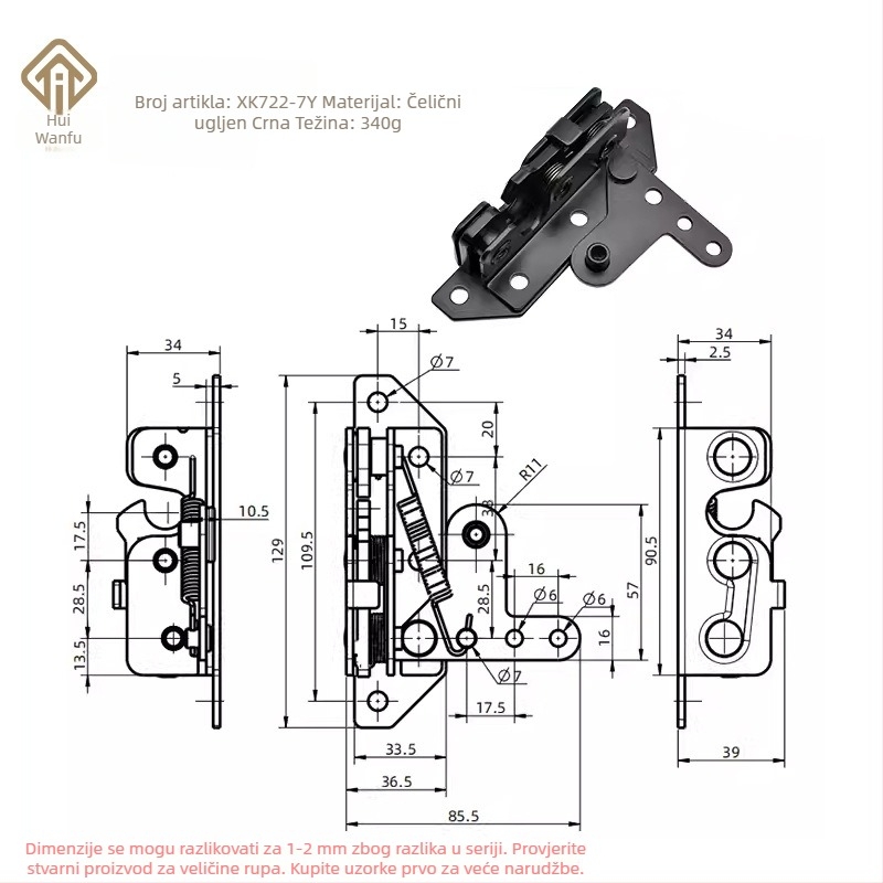 Ručna brava za teška vrata, karbon čelik XK722-7, vrata posebnog vozila, mogućnost prilagodbe.