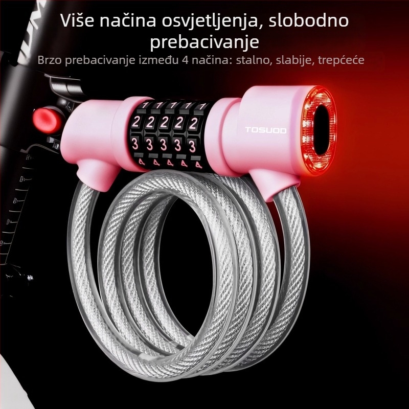 Tosuod Zatvarač za bicikl s kodom i stražnjom lampom; Materijal: PVC + čelični kabel + cinkova legura; Prilagodba dostupna