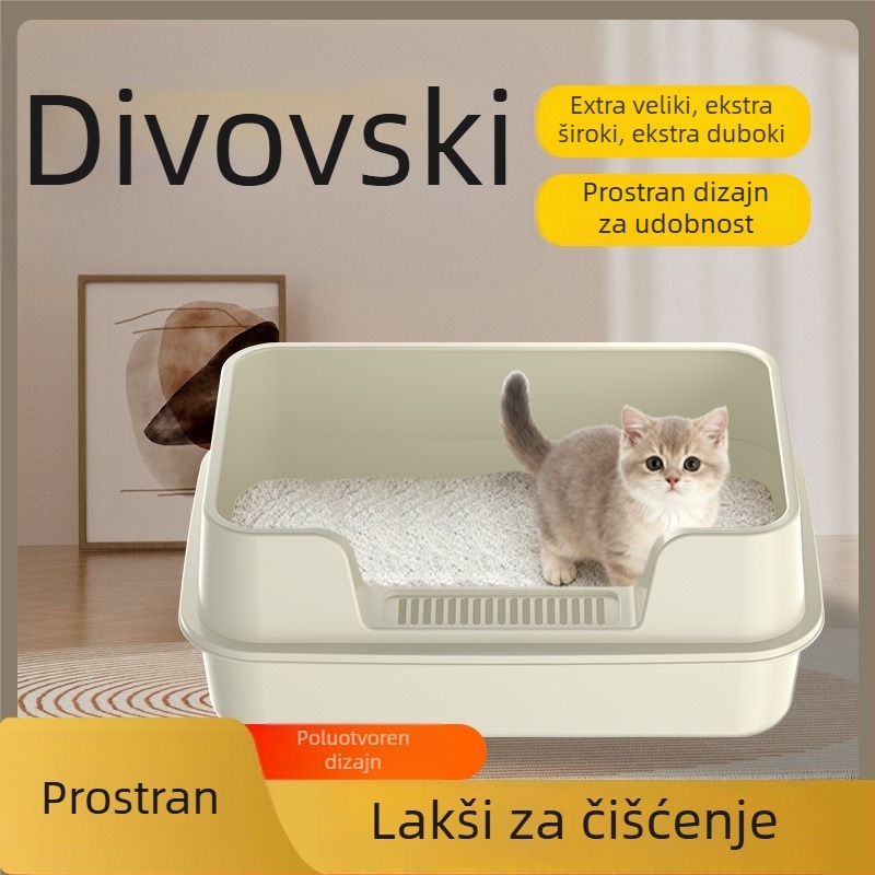 Kutija za mačju toaletu, visoki ograda protiv prskanja, poluzatvoren dizajn, kvadratna PP konstrukcija, privatna marka