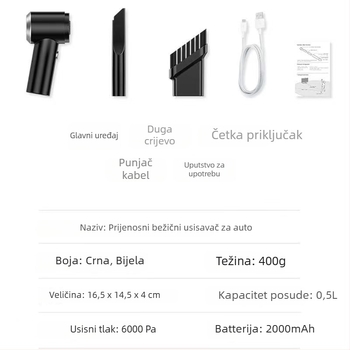 Ručni bežični usisavač za automobil, s ugrađenom baterijom 1001–1600 mAh, 30W, usis 10,1–15 kPa, buka < 36 dB