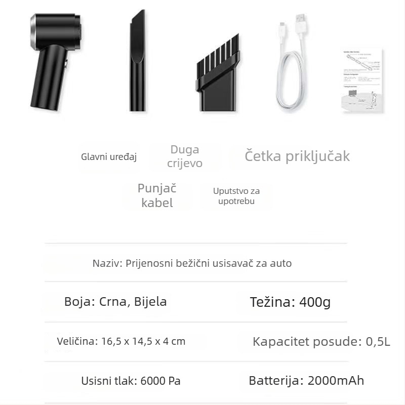 Ručni bežični usisavač za automobil, s ugrađenom baterijom 1001–1600 mAh, 30W, usis 10,1–15 kPa, buka < 36 dB