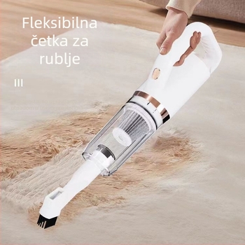 Bežični ručni usisavač za kućnu i automobilsku upotrebu — kompaktan i snažan; ugrađena baterija 1600–2000 mAh; usisna snaga >5000 Pa; mokro i suho čišćenje; podna četka 2-u-1; trajanje rada 3–6 h; buka ispod 36 dB.