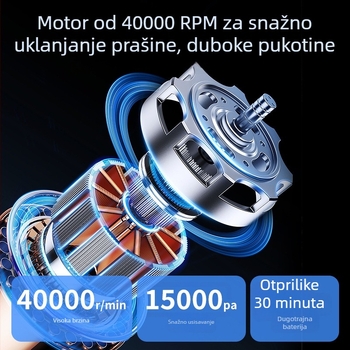 Bežični automobilni usisavač s integriranim mopom i 2-u-1 četkom za čišćenje, prijenosni kućni usisavač, 140W, USB napajanje, ugrađena baterija 1601–2000 mAh, suho/ tepih čišćenje, niski nivo buke
