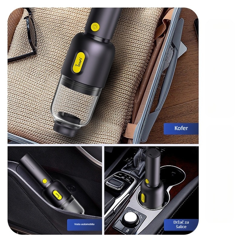 Bežični ručni usisavač za automobil, snaga usisa 2100–3000 Pa, ugrađena baterija ≤500 mAh, radno vrijeme 1–3 h, buka <36 dB, spremnik prašine