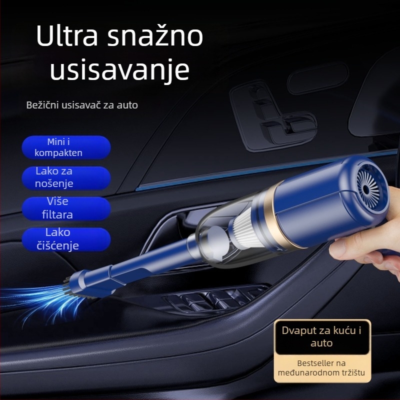 Bežični ručni usisavač za automobil – mokro/suho, ugrađena baterija 2000–2500mAh, 40–60W, 3100–4000Pa, buka <36dB