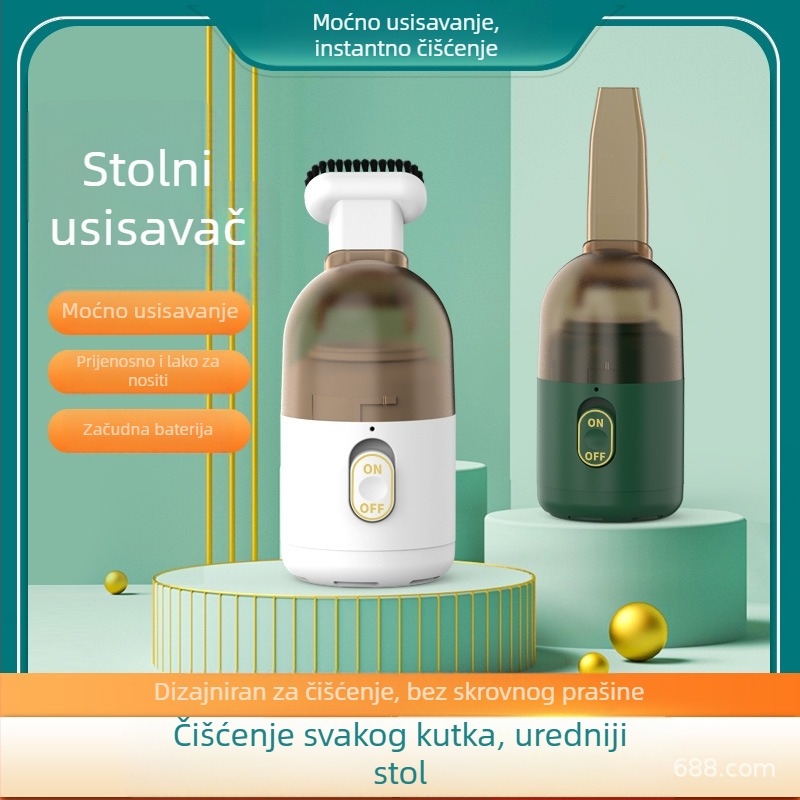 Stolni usisavač, ručni, bežični i punjivi; mokro i suho čišćenje; snaga 3W; trajanje rada 1–3 h; ugrađena baterija 500 mAh
