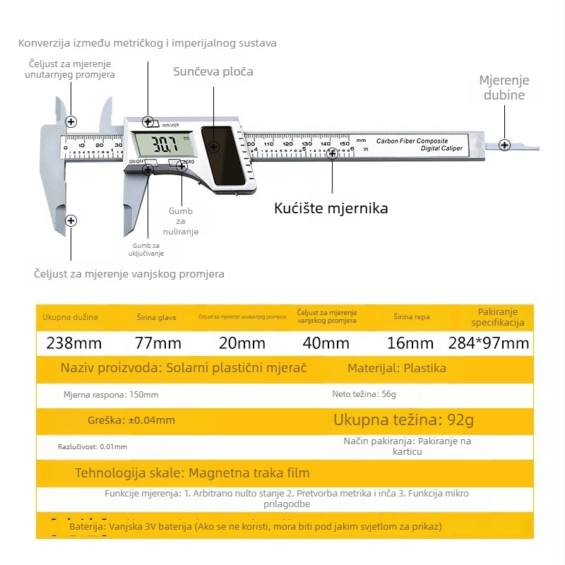 0-150 mm digitalni kaliper s plastičnim kućištem i digitalnim prikazom za mjerenje nakita
