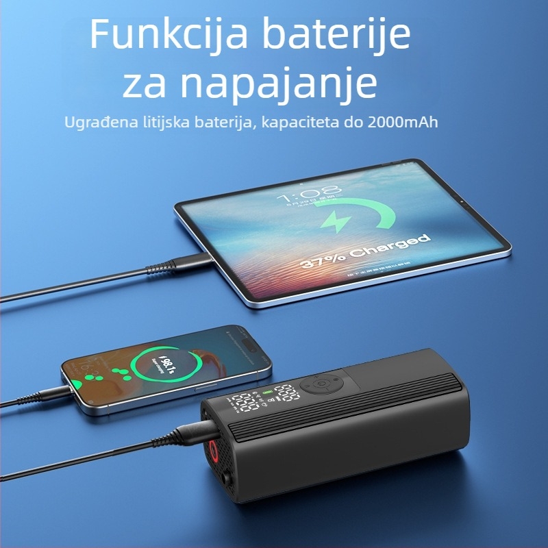 Automobilska pumpa za zrak s jednim cilindrom, ugrađena LED rasvjeta i manometar za tlak u gumama, 12V, 80W, 30 L/min