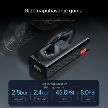 Naflašivač guma za automobil s hitnim napajanjem — Sve u jednom, 12V, 80W, 30 L/min, litijeva baterija