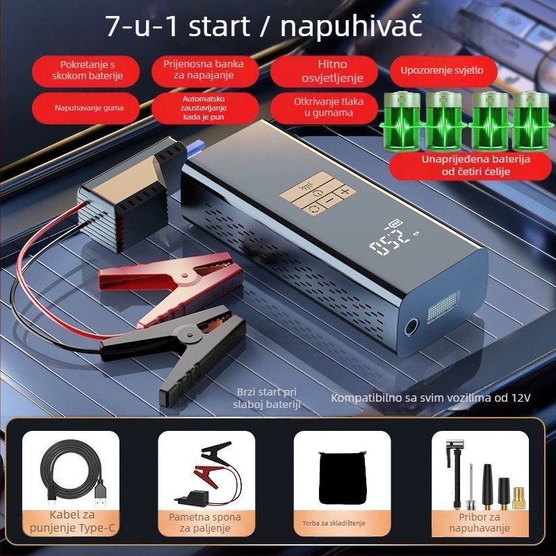 Naflašivač guma za automobil s hitnim napajanjem — Sve u jednom, 12V, 80W, 30 L/min, litijeva baterija