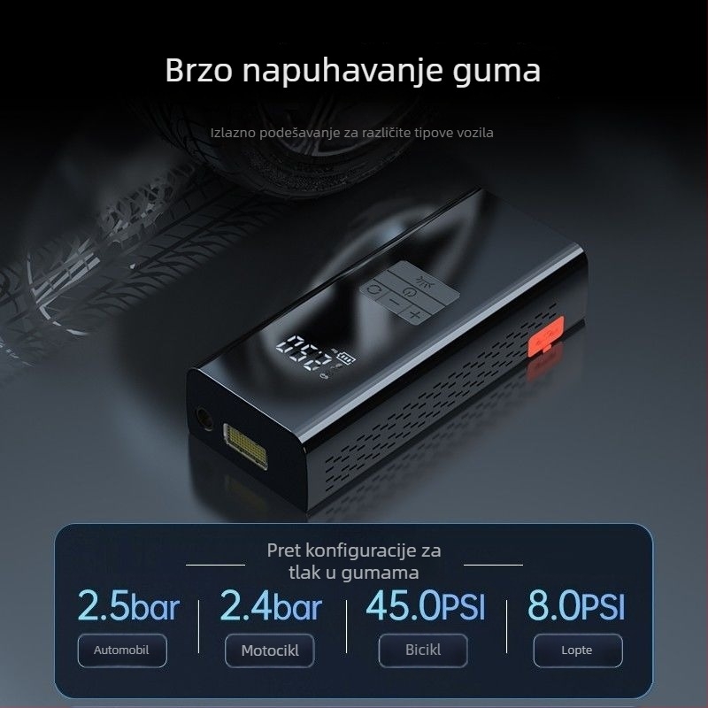 Naflašivač guma za automobil s hitnim napajanjem — Sve u jednom, 12V, 80W, 30 L/min, litijeva baterija