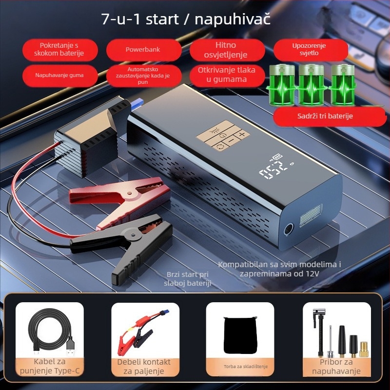 Naflašivač guma za automobil s hitnim napajanjem — Sve u jednom, 12V, 80W, 30 L/min, litijeva baterija