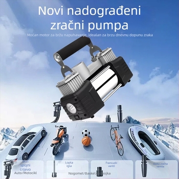 Automobilska pumpa za zrak s dvostrukim cilindrom, metalna, 12V, 130W, 40 L/min, s mjerenjem tlaka i LED svjetlom