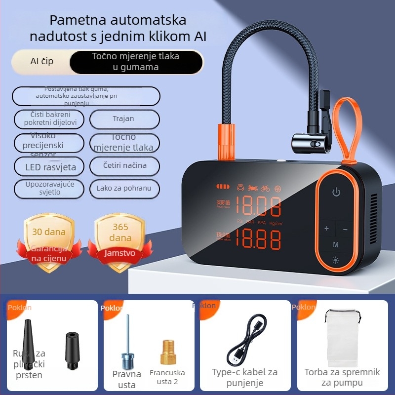 Automobilska pumpa za zrak - prenosiva bežična visoke snage s automatskim isključivanjem i svjetlom, USB punjenje, 24V, 80W, digitalni prikaz, 30 L/min