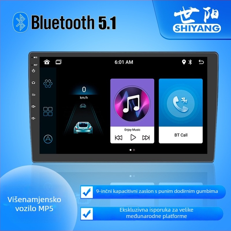 MP5 automobilni player Bluetooth, LCD zaslon, stražnja kamera, 12V napajanje, bežični CarPlay, AHD