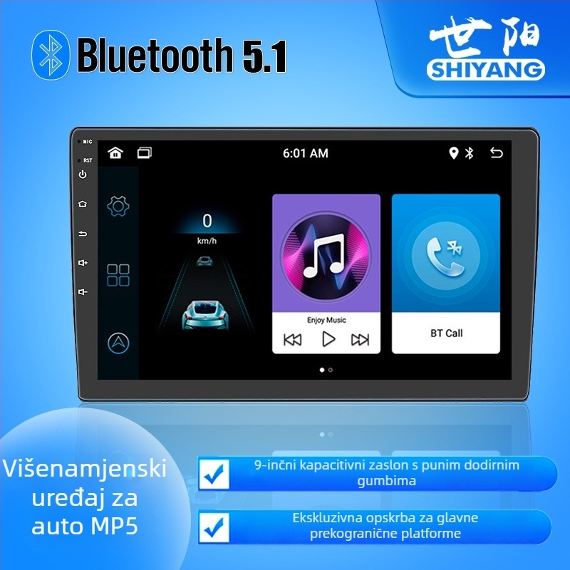 MP5 automobilni player Bluetooth, LCD zaslon, stražnja kamera, 12V napajanje, bežični CarPlay, AHD