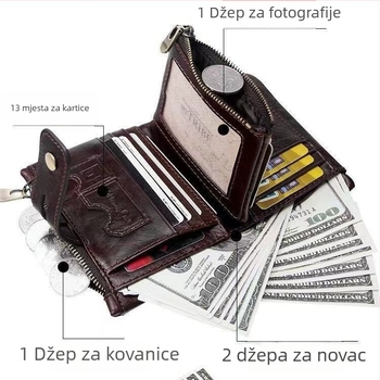 Muški novčanik s RFID zaštitom, vertikalni dizajn, vrhunska koža, dvostruki zatvarač, višefunkcionalan