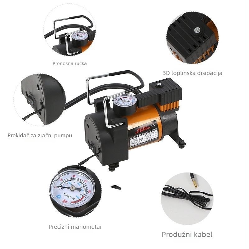 Automobilska pumpa za zrak, metalna jednocilindrična, 12V, 150W, kabel duljine 3 m, manometar, tok zraka 45 L/min