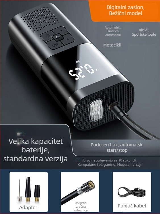 Prijenosna pumpa za zrak automobil s digitalnim zaslonom, 12V, 80W, 25 L/min, USB punjenje; pogodna za auto gume, lopte, bicikle, motocikle i električna vozila