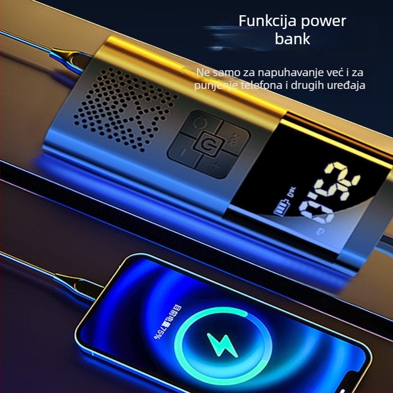 Prijenosna pumpa za zrak automobil s digitalnim zaslonom, 12V, 80W, 25 L/min, USB punjenje; pogodna za auto gume, lopte, bicikle, motocikle i električna vozila