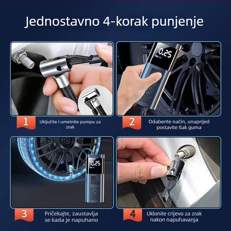 Prijenosna pumpa za zrak automobil s digitalnim zaslonom, 12V, 80W, 25 L/min, USB punjenje; pogodna za auto gume, lopte, bicikle, motocikle i električna vozila