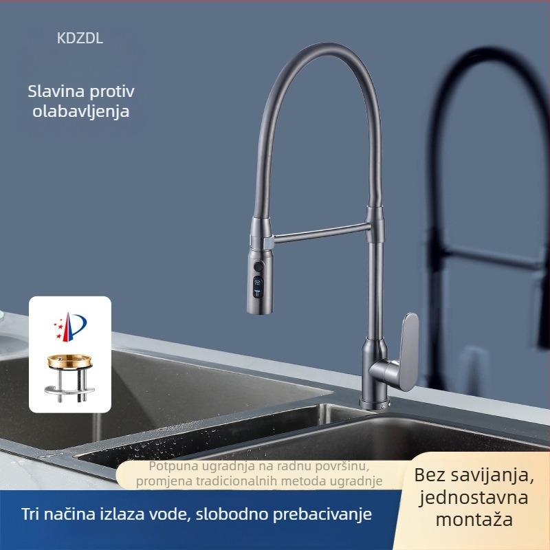 Kuhinjski slavina za kućnu upotrebu, s magnetskim držačem, nehrđajući čelik, izvučni izljev, zaštita od prskanja, 360° okretanje i teleskopski