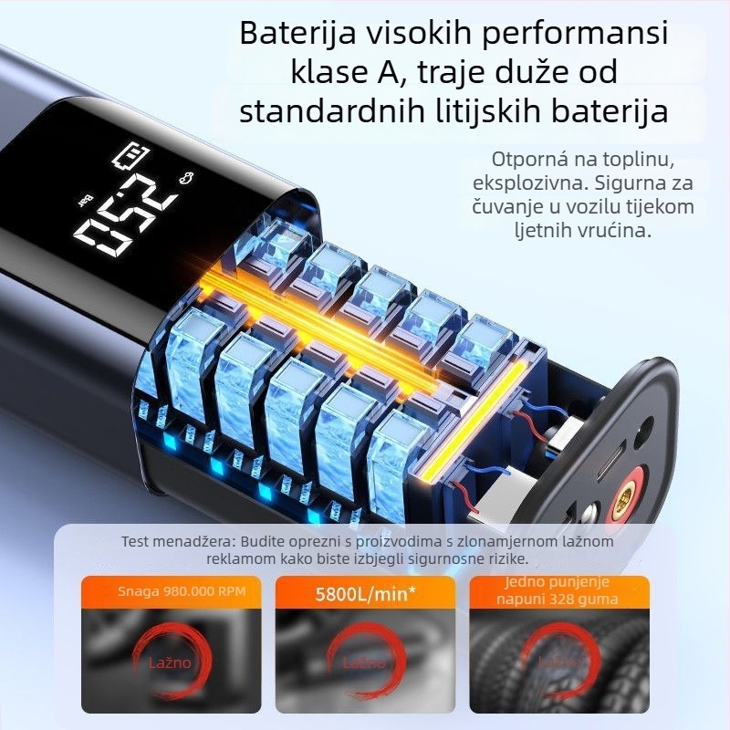 Prijenosna automobilska pumpa za zrak, 12V, 220W, punjiva, digitalni LCD zaslon, kabel 3,5–4 m