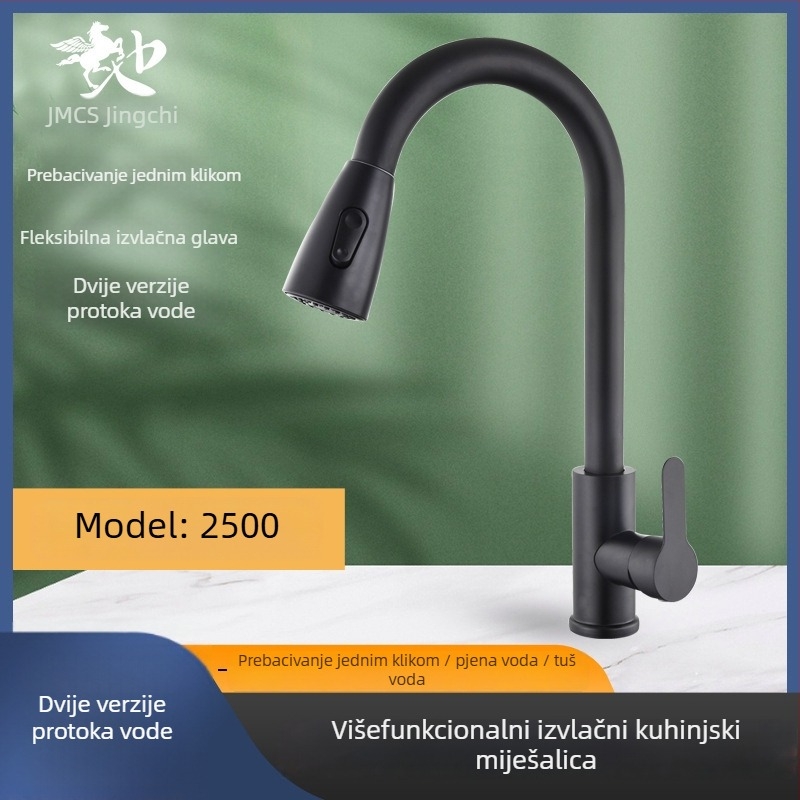 Izvlačni kuhinjski slavine, 304 nehrđajući čelik, JingChi model 8502, keramički jezgreni ventil, ulazni/izlazni promjer 15 mm