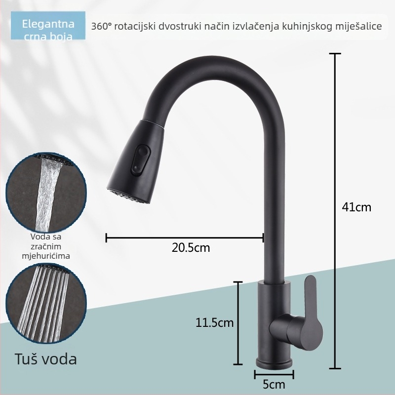 Izvlačni kuhinjski slavine, 304 nehrđajući čelik, JingChi model 8502, keramički jezgreni ventil, ulazni/izlazni promjer 15 mm
