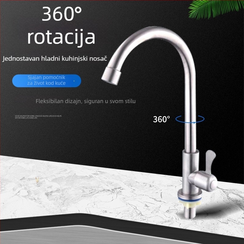 Jednostavna hladna kuhinjska slavina 001 - nehrđajući čelik, okretna instalacija, bakreno jezgro ventila