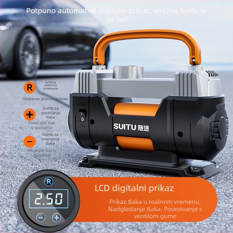 Prijenosna dvocilindrična pumpa za auto gume, 12V, >280W, 45 L/min, digitalni zaslon
