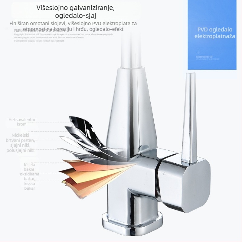 Kuhinjski miješalac za umivaonik, potpuno bakren, okretni izljev, topla i hladna voda, keramički ventil, moderni minimalistički stil