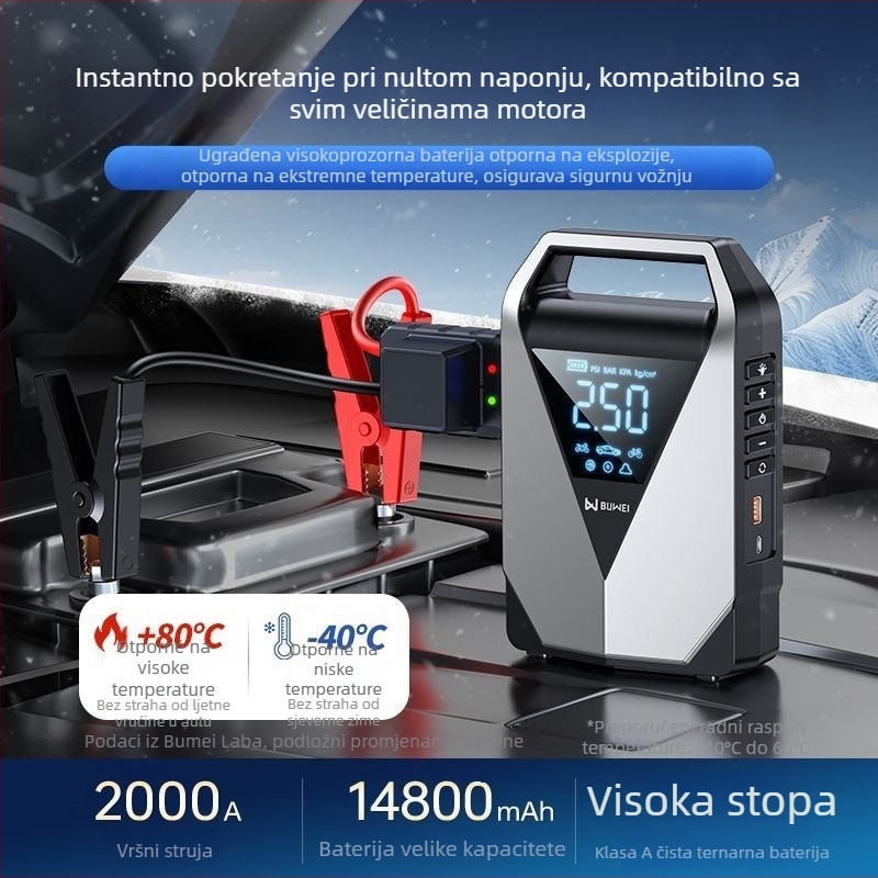 Automobilska pumpa za gume i startač, sve-u-jednom, 12V, 12000mAh, 40 L/min, 80W, Digitalni zaslon