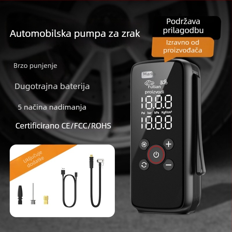 Automobilska pumpa zraka, višefunkcionalna, 12V, 100W, 25 L/min, punjiva, digitalni zaslon