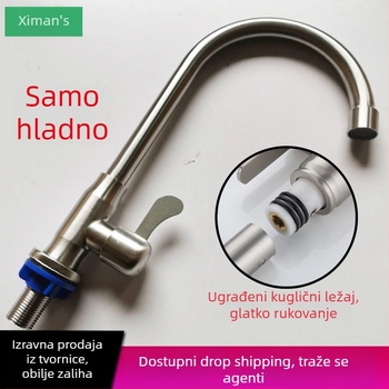 Seamans kuhinjski slavina od nehrđajućeg čelika 304, jednofunkcionalni hladni slavine, 360° rotacija, model XMS-3202, ulaz/izlaz 20 mm, promjer sjedala 40 mm