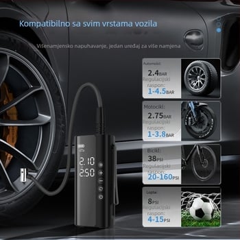 Automobilska pumpa zraka – bežična, prijenosna, ručna, digitalni prikaz, automatsko gašenje; 12V, 100W, 25 L/min