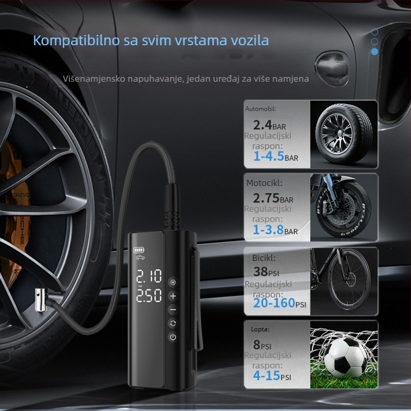 Automobilska pumpa zraka – bežična, prijenosna, ručna, digitalni prikaz, automatsko gašenje; 12V, 100W, 25 L/min