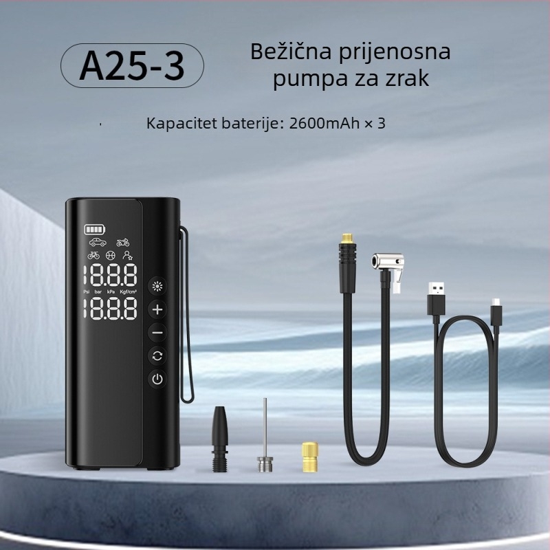 Automobilska pumpa zraka – bežična, prijenosna, ručna, digitalni prikaz, automatsko gašenje; 12V, 100W, 25 L/min