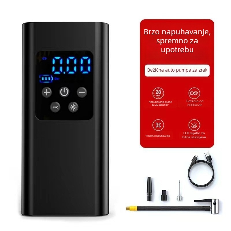 Prijenosna pumpa za zrak za auto i bicikl, punjiva, 12V, 100W, 25 L/min, digitalni zaslon, kabel duljine 3 m