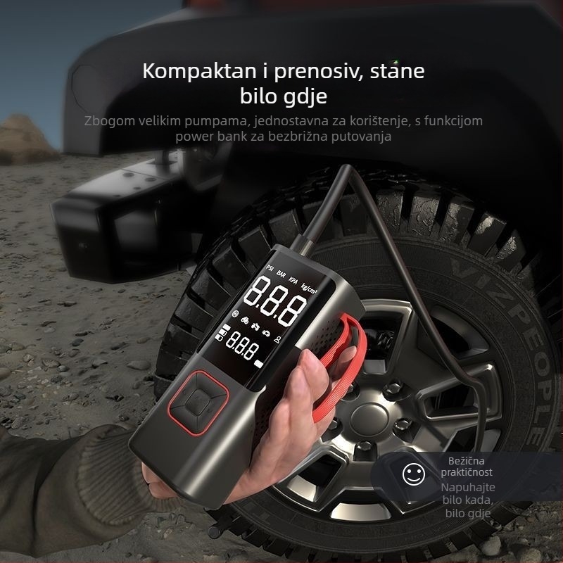 Prijenosna električna pumpa za zrak – bežična, za automobil i bicikl, 12V, 80W, 35 L/min, digitalni zaslon, manometar