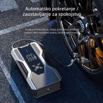 12V automatska pumpa za zrak za vozilo s hitnim START-om i ugrađenom Power Bank baterijom, sve-u-jednom s digitalnim zaslonom — snaga ispod 80W, jednocilindrična, rasvjeta, manometar tlaka u gumama