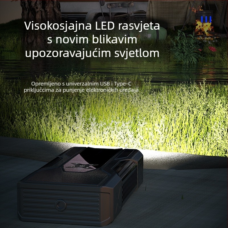 12V automatska pumpa za zrak za vozilo s hitnim START-om i ugrađenom Power Bank baterijom, sve-u-jednom s digitalnim zaslonom — snaga ispod 80W, jednocilindrična, rasvjeta, manometar tlaka u gumama