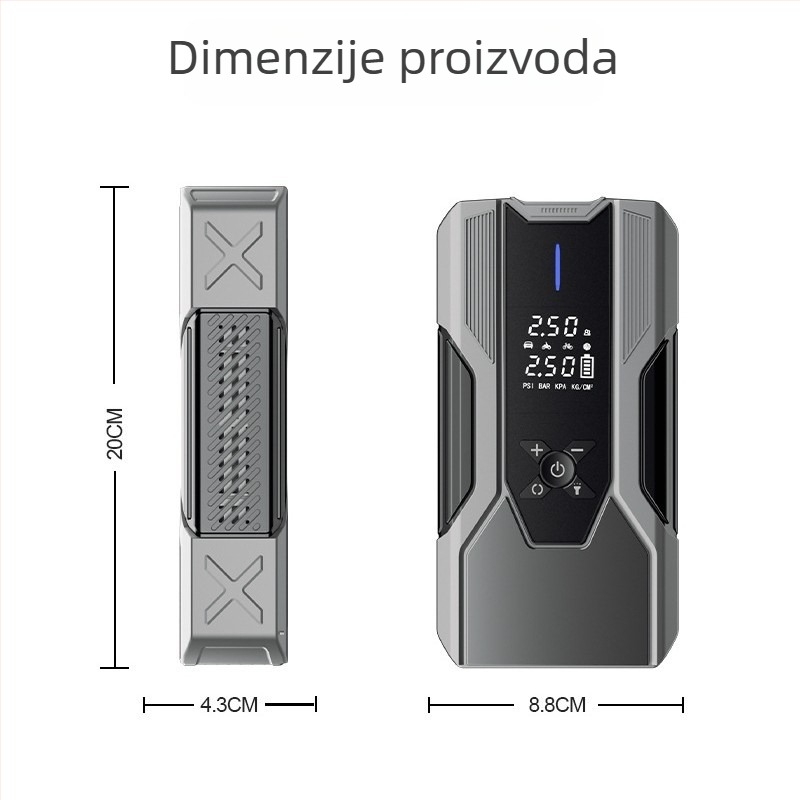 12V automatska pumpa za zrak za vozilo s hitnim START-om i ugrađenom Power Bank baterijom, sve-u-jednom s digitalnim zaslonom — snaga ispod 80W, jednocilindrična, rasvjeta, manometar tlaka u gumama