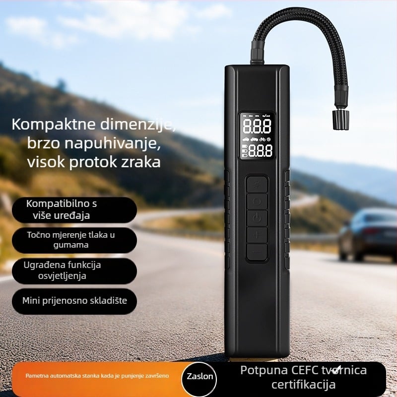 Kompaktna automobilska pumpa — USB napajanje, 12V, digitalni zaslon, protok zraka 35 L/min, ≤80 W, LED svjetlo, mjerač tlaka guma, USB punjenje