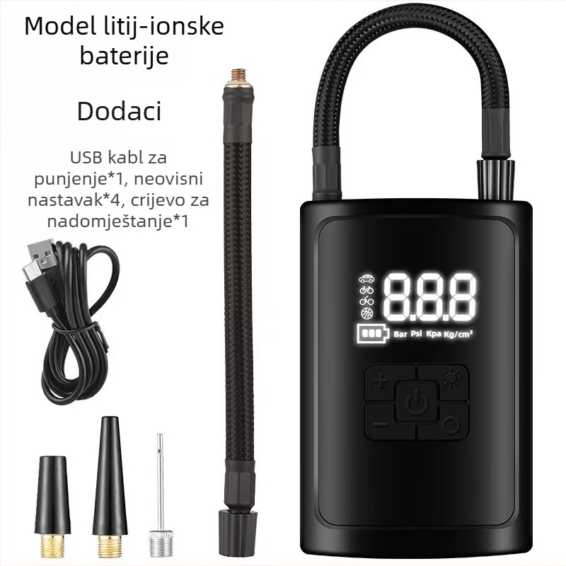 Kompaktna automobilska pumpa — USB napajanje, 12V, digitalni zaslon, protok zraka 35 L/min, ≤80 W, LED svjetlo, mjerač tlaka guma, USB punjenje